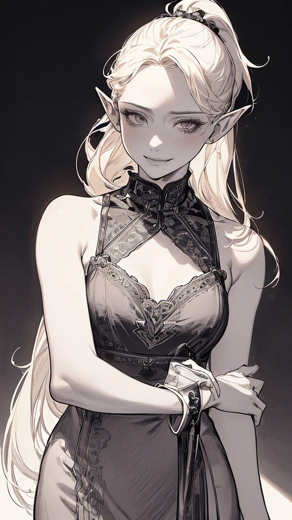 Highest quality, (Background details), High Contrast, Very beautiful woman, Detailed original illustrations, functional, Archer、Elf, Ponytail Delicate face, charm, Bad boy, sexy, Platinum Blonde、White sundress、Real breasts, Small breasts、Crazy Smile, Crazy Eyes, Black background, (Black background: 1. 5), Beautiful line art, Monochrome