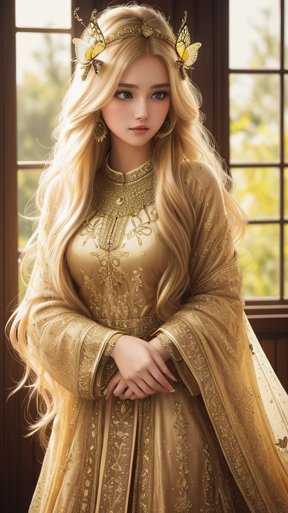 age girl, long blonde hair, beautiful face, Wearing a gold chatri dress, popular on pinterest with butterfly embroidery. Inspired by Wendy Frowd, very beautiful photos. Bohemian fashion, warrior queen, beautiful long brown hair., fit, sexy, 3d, 30k, HDR, Exquisite clothing details, Highly detailed, perfect light, movie light