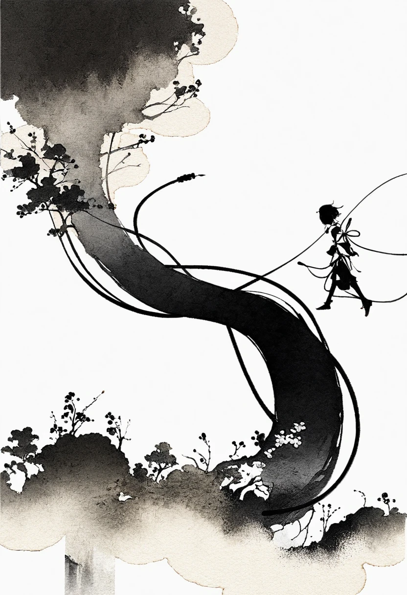 中国Ink Painting, Cyan and White, Minimum, Wire, White background,The Trail, Minimalism, Wire性风格, Huge negative space, Ink Painting, Abstract