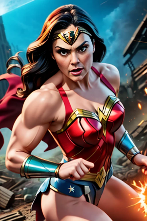 Create a dynamic and exciting scene that portrays the confrontation between the Hulk, the incarnation of brute strength, and Wonder Woman, the defender of justice and skill.
Position the two characters in the center of the image, fighting an epic battle. The Hulk, with his imposing musculature and ferocious expression, must be advancing furiously, ready to crush everything in his path. Wonder Woman, with her confident and determined posture, must be defending herself skillfully, using her shield and magic lasso to stop the Hulk's attacks.
Around them, create a scene of destruction, with damaged buildings, rubble and impact marks on the ground, reflecting the intensity of the confrontation. Add visual effects such as energy beams, dust, and smoke to convey a sense of movement and action.
Use a vibrant, contrasting color palette, with warm and cool tones, to highlight the opposition between the Hulk's brute strength and Wonder Woman's skill. Play with lighting and viewing angles to create a dynamic, exciting composition.
Infuse the scene with a sense of grandeur and epicness, capturing the magnitude of the battle between these two powerful characters. Convey the tension, determination, and energy that surround this epic clash between relentless strength and martial skill.
The result should be an image that celebrates the fight between these pop culture icons, highlighting the diversity of skills, powers and approaches in a memorable clash. 8k