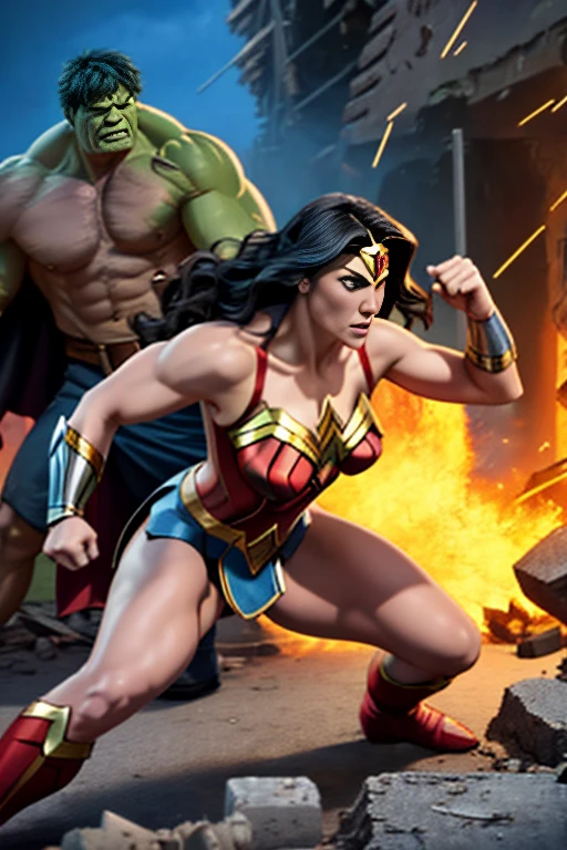 Create a dynamic and exciting scene that portrays the confrontation between the Hulk, the incarnation of brute strength, and Wonder Woman, the defender of justice and skill.

Position the two characters in the center of the image, fighting an epic battle. The Hulk, with his imposing musculature and ferocious expression, must be advancing furiously, ready to crush everything in his path. Wonder Woman, with her confident and determined posture, must be defending herself skillfully, using her shield and magic lasso to stop the Hulk's attacks.

Around them, create a scene of destruction, with damaged buildings, rubble and impact marks on the ground, reflecting the intensity of the confrontation. Add visual effects such as energy beams, dust, and smoke to convey a sense of movement and action.

Use a vibrant, contrasting color palette, with warm and cool tones, to highlight the opposition between the Hulk's brute strength and Wonder Woman's skill. Play with lighting and viewing angles to create a dynamic, exciting composition.

Infuse the scene with a sense of grandeur and epicness, capturing the magnitude of the battle between these two powerful characters. Convey the tension, determination, and energy that surround this epic clash between relentless strength and martial skill.

The result should be an image that celebrates the fight between these pop culture icons, highlighting the diversity of skills, powers and approaches in a memorable clash. 8k