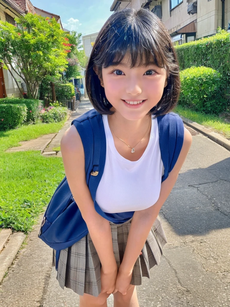 Highest quality、masterpiece、8K、Very detailed、Realistic、(Young face:1.2)、(Looks like an elementary school kid:1.2)、1 person、Looking at me with a smile、whole body、(Big Breasts)、Thin and beautiful legs、Tight and slim waist、Tight sleeveless shirt、Micro Skirt、Short Hair、Erect nipples