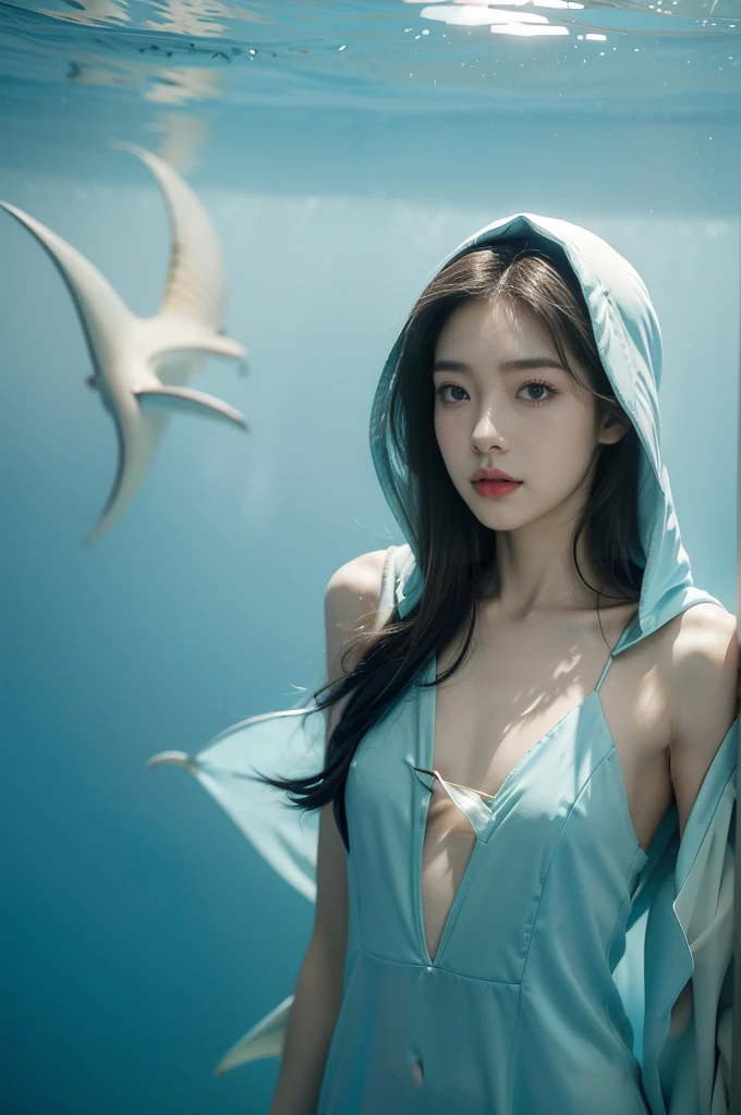 (((best quality))),(((ultra detailed))),(((masterpiece))),illustration,(1 beautiful girl,shark girl,solo),((slim,thin,small breasts,flat chest)),aquarium,summer night,(sleek sharkhead-hooded shirt-dress:1.3),shimmering hues,enchanting aura,(shoulder length straight bob hair:1.2),ocean-blue locks,shiny seaweed,porcelain skin,neon lights,emerald eyes,sharp gaze,delicate shark fin,translucent membrane,dancing fish,vibrant colors,undulating water,salty scent,distant waves,coral reef,gentle shadows,serene ambiance,electric atmosphere,Alezandra,oceanic magic,allure,enchantment,vision,extraordinary presence,((from front,upper body))