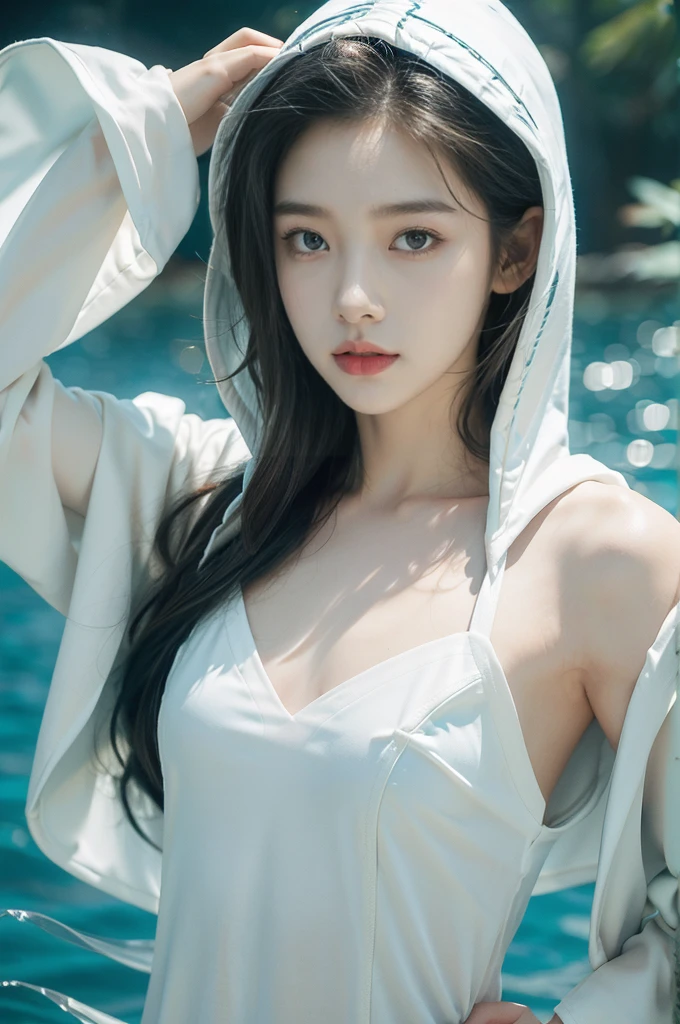 (((best quality))),(((ultra detailed))),(((masterpiece))),illustration,(1 beautiful girl,shark girl,solo),((slim,thin,small breasts,flat chest)),aquarium,summer night,(sleek sharkhead-hooded shirt-dress:1.3),shimmering hues,enchanting aura,(shoulder length straight bob hair:1.2),ocean-blue locks,shiny seaweed,porcelain skin,neon lights,emerald eyes,sharp gaze,delicate shark fin,translucent membrane,dancing fish,vibrant colors,undulating water,salty scent,distant waves,coral reef,gentle shadows,serene ambiance,electric atmosphere,Alezandra,oceanic magic,allure,enchantment,vision,extraordinary presence,((from front,upper body))