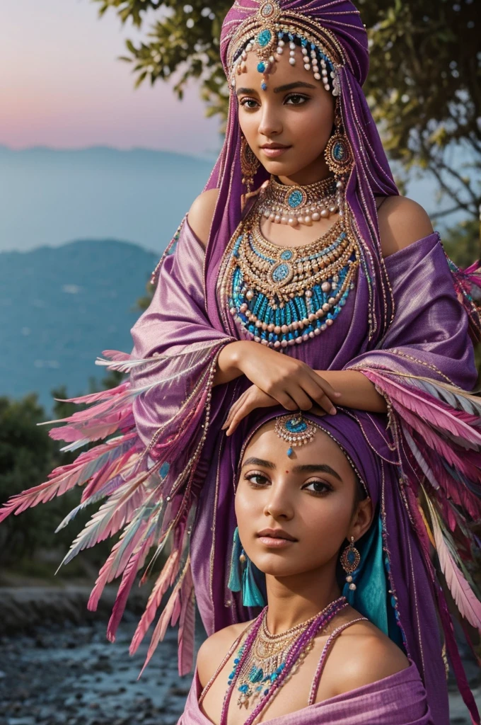1. **Amina** :
- Une jeune femme aux yeux brillants, portant une robe traditionnelle aux couleurs vives. Ses cheveux sont tressés avec des perles et des plumes.
- Elle se tient près de la rivière, le visage tourné vers le soleil couchant.
