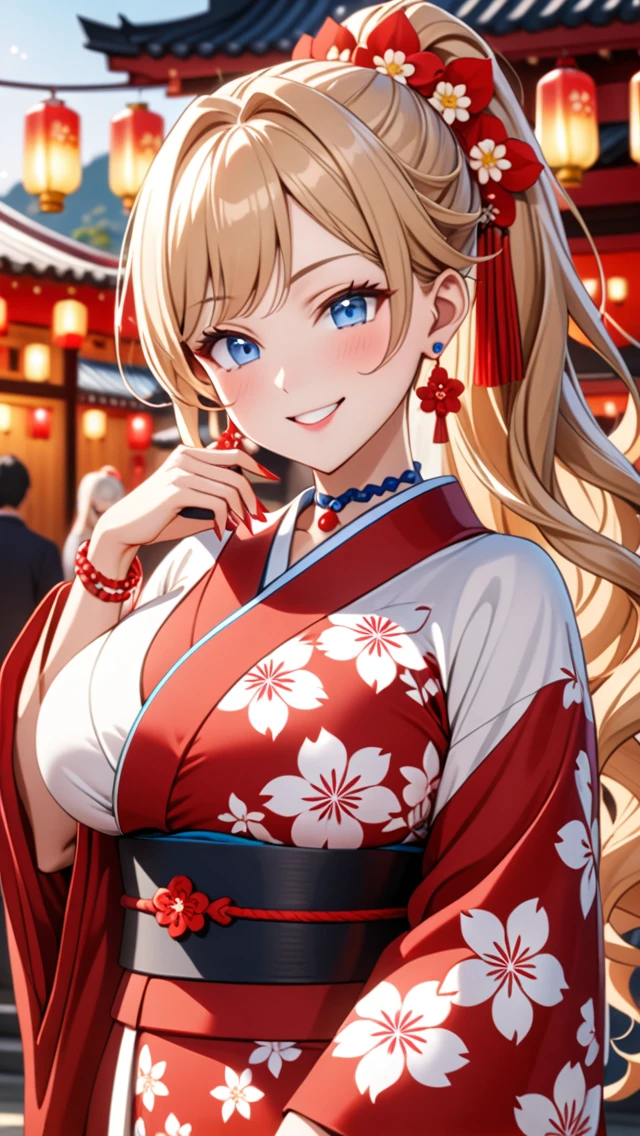 ultra-detailed, ((one girl)), hyper detailed, absurdres, 8K, Beautiful Face, (Laugh shyly), ((teasing smile:1.8)), ((Wink:2.0)), (Laugh with your mouth wide open),(Tilt your head:1.3),  View your viewers, ((Bright red cheeks:1.6)),Glossy Red Lips, ((Big Breasts:1.5)) night, Shrine festival stalls, (Brighten your face), ((Anime style background)),masterpiece, Highest quality, so beautiful,Latest, Complex details, (Pink long nails), (nail art), (ring),(bracelet), (Floral Choker),AI-generated, Complex,High resolution, Highest quality, super high quality,3D Images、3D Images,One person,Blonde long hair,(High Ponytail), (wavy hair:1.3), Anime woman posing for a photo, ((Fine grain、blue eyes、glistening eyes:1.5)), (Squint your eyes:1.1),a hyperRealistic , hyperRealistic , Realistic,Long blonde anime woman, Smooth anime CG art, Pink large floral patternの刺繍が入った、A girl in a gorgeous kimono, ((White long-sleeved kimono)),(Pink large floral pattern) ,Long flower hair ornament,Floral Earrings,Mature Body, tall,Abdominal muscles,Tight waist,((Zoom in on face:2.1)), (front view),