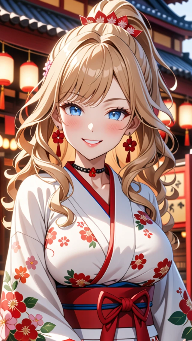 ultra-detailed, ((one girl)), hyper detailed, absurdres, 8K, Beautiful Face, (Laugh shyly), ((teasing smile:1.8)), ((Wink:2.0)), (Laugh with your mouth wide open),(Tilt your head:1.3), View your viewers, ((Bright red cheeks:1.6)),Glossy Red Lips, ((Big Breasts:1.5)) night, Shrine festival stalls, (Brighten your face), ((Anime style background)),masterpiece, Highest quality, so beautiful,Latest, Complex details, (Pink long nails), (nail art), (ring),(bracelet), (Floral Choker),AI-generated, Complex,High resolution, Highest quality, super high quality,3D Images、3D Images,One person,Blonde long hair,(High Ponytail), (wavy hair:1.3), Anime woman posing for a photo, ((Fine grain、blue eyes、glistening eyes:1.5)), (Squint your eyes:1.1),a hyperRealistic , hyperRealistic , Realistic,Long blonde anime woman, Smooth anime CG art, Pink large floral patternの刺繍が入った、A girl in a gorgeous kimono, ((White long-sleeved kimono)),(Pink large floral pattern) ,Long flower hair ornament,Floral Earrings,Mature Body, tall,Abdominal muscles,Tight waist,((Zoom in on face:2.1)), (front view),