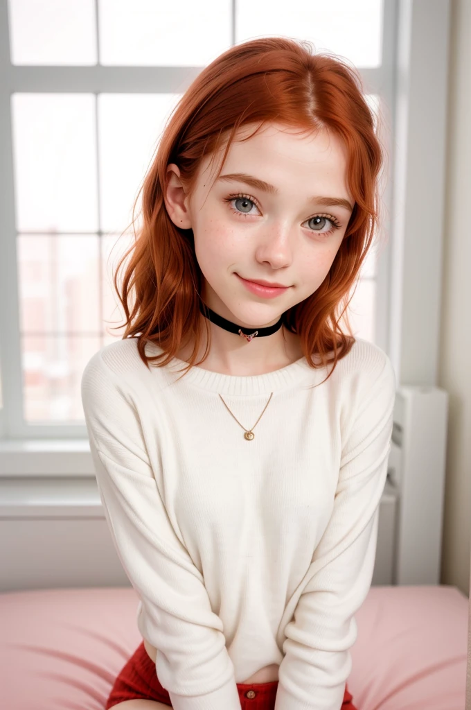 raw photo,(13yo skinny redhead girl:1.2), cheek dimples, blushing, graphic eyeliner, rouge, (lipstick:0.6), (choker:0.9), realistic skin texture, oversize knit sweater, (red:0.8), softcore, warm lighting, cosy atmosphere, instagram style, nsfw , naive, shy, short, thin, fit, beautiful, cute, pale skin, just a little smile.