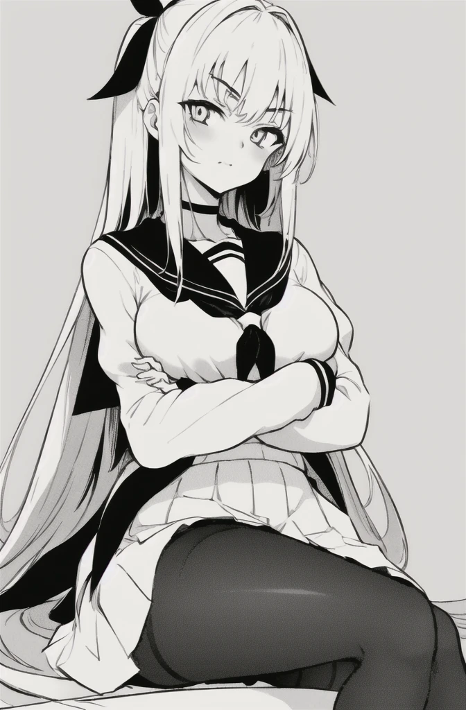 1girl, long_hair, monochrome, crossed_arms, solo, breasts, school_uniform, hair_ribbon, sitting, crossed_legs, greyscale, pantyhose, ribbon, serafuku, looking_at_viewer, long_sleeves, neckerchief, simple_background, bangs, very_long_hair, sailor_collar, eyebrows_visible_through_hair, white_background, medium_breasts, arms_under_breasts, breast_hold, skirt, fishnets, sleeves_past_wrists, closed_mouth