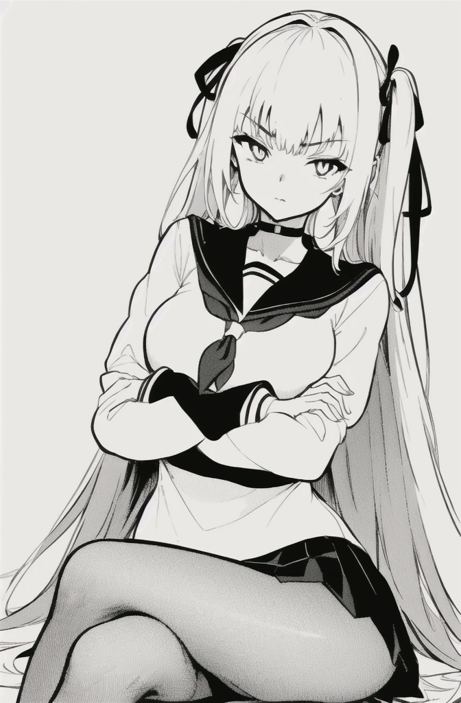 1girl, long_hair, monochrome, crossed_arms, solo, breasts, school_uniform, hair_ribbon, sitting, crossed_legs, greyscale, pantyhose, ribbon, serafuku, looking_at_viewer, long_sleeves, neckerchief, simple_background, bangs, very_long_hair, sailor_collar, eyebrows_visible_through_hair, white_background, medium_breasts, arms_under_breasts, breast_hold, skirt, fishnets, sleeves_past_wrists, closed_mouth