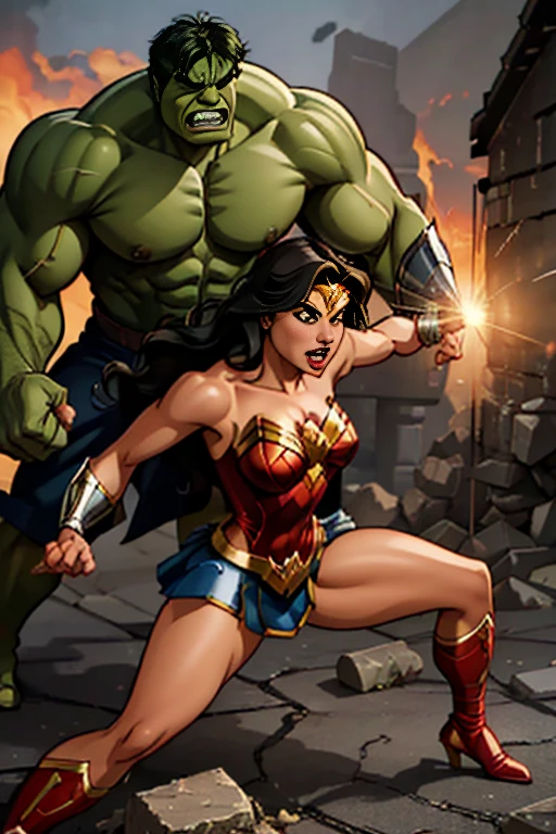Create a dynamic and exciting scene that portrays the confrontation between the Hulk, the incarnation of brute strength, and Wonder Woman, the defender of justice and skill.

Position the two characters in the center of the image, fighting an epic battle. The Hulk, with his imposing musculature and ferocious expression, must be advancing furiously, ready to crush everything in his path. Wonder Woman, with her confident and determined posture, must be defending herself skillfully, using her shield and magic lasso to stop the Hulk's attacks.

Around them, create a scene of destruction, with damaged buildings, rubble and impact marks on the ground, reflecting the intensity of the confrontation. Add visual effects such as energy beams, dust, and smoke to convey a sense of movement and action.

Use a vibrant, contrasting color palette, with warm and cool tones, to highlight the opposition between the Hulk's brute strength and Wonder Woman's skill. Play with lighting and viewing angles to create a dynamic, exciting composition.

Infuse the scene with a sense of grandeur and epicness, capturing the magnitude of the battle between these two powerful characters. Convey the tension, determination, and energy that surround this epic clash between relentless strength and martial skill.

The result should be an image that celebrates the fight between these pop culture icons, highlighting the diversity of skills, powers and approaches in a memorable clash. 8k