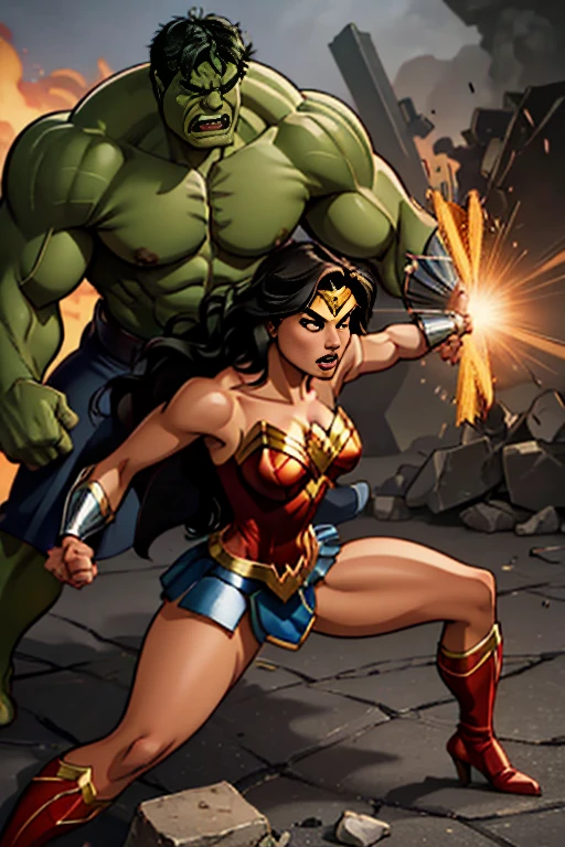 Create a dynamic and exciting scene that portrays the confrontation between the Hulk, the incarnation of brute strength, and Wonder Woman, the defender of justice and skill.
Position the two characters in the center of the image, fighting an epic battle. The Hulk, with his imposing musculature and ferocious expression, must be advancing furiously, ready to crush everything in his path. Wonder Woman, with her confident and determined posture, must be defending herself skillfully, using her shield and magic lasso to stop the Hulk's attacks.
Around them, create a scene of destruction, with damaged buildings, rubble and impact marks on the ground, reflecting the intensity of the confrontation. Add visual effects such as energy beams, dust, and smoke to convey a sense of movement and action.
Use a vibrant, contrasting color palette, with warm and cool tones, to highlight the opposition between the Hulk's brute strength and Wonder Woman's skill. Play with lighting and viewing angles to create a dynamic, exciting composition.
Infuse the scene with a sense of grandeur and epicness, capturing the magnitude of the battle between these two powerful characters. Convey the tension, determination, and energy that surround this epic clash between relentless strength and martial skill.
The result should be an image that celebrates the fight between these pop culture icons, highlighting the diversity of skills, powers and approaches in a memorable clash. 8k
