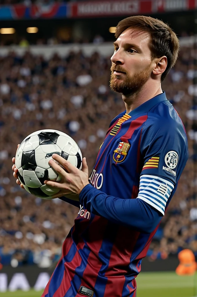 Messi drinks with a soccer ball in a stadium