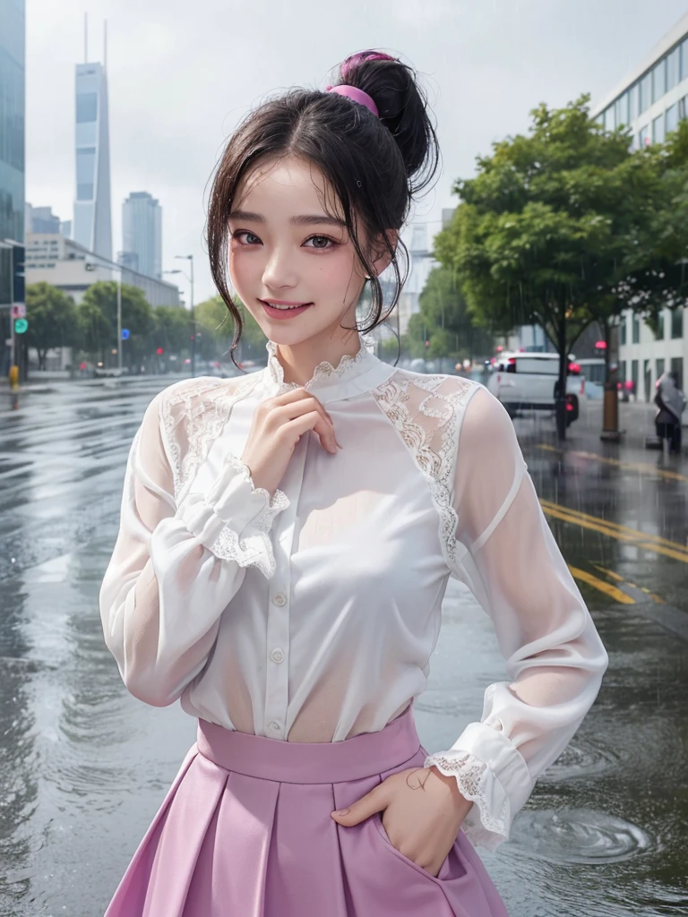 ((best quality, 8K, masterpiece: 1.3)),upper body,Black Hair, black eye,sharp focus: 1.2, beautiful woman with a perfect body: 1.4, ((ponytail, large: 1.2)), (small and beautiful hard (White long sleeve blouse with lace、Silk Tight darkmagenta long skirt), (wet from rain: 1.2), (rain, street: 1.2), wet body: 1.1, Highly detailed face and skin texture, detailed eyes, double eyelids, White skin,,E cup,smile,Financial district of the big city,Skyscraper,White skin,Wet Hair、Wet Skin、Wet clothes、smile、 
