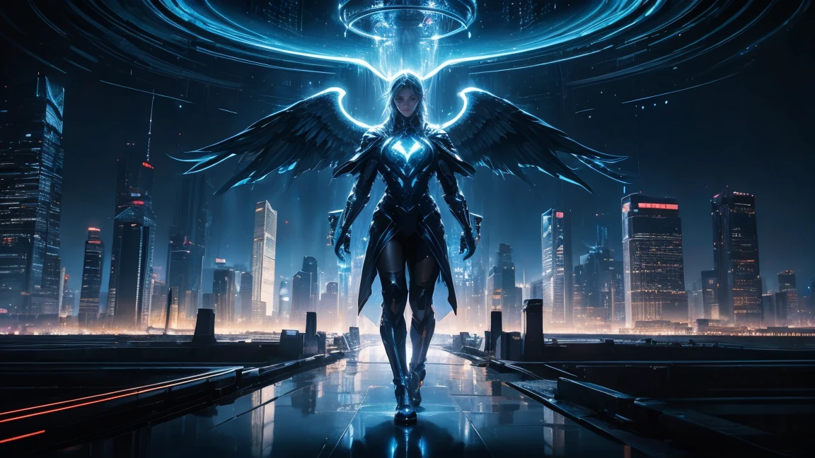 ((masterpiece, Highest quality, Best image quality, High resolution、8k)) In the center of the screen is a mighty angel、Many shining white wings、Glowing halo、Cyberface。Aether Robe、god々Shining with a bright light。Glowing blue eyes and advanced cybernetic enhancements. Seen in dynamic action poses, reflection on a smooth surface. The cityscape below is filled with towering skyscrapers., illuminated by colorful holographic advertisements, Shining with blue energy, Mighty power. The overall atmosphere is dark and mysterious., It had a futuristic techno vibe.. The lighting is dramatic, Intense highlights and deep shadows, Creates depth and tension