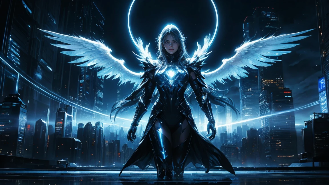 ((masterpiece, Highest quality, Best image quality, High resolution、８ｋ)) In the center of the screen is a mighty angel、Many shining white wings、Glowing halo、Cyberface。Aether Robe、god々Shining with a bright light。Glowing blue eyes and advanced cybernetic enhancements. Seen in dynamic action poses, reflection on a smooth surface. The cityscape below is filled with towering skyscrapers., illuminated by colorful holographic advertisements, Shining with blue energy, Mighty power. The overall atmosphere is dark and mysterious., It had a futuristic techno vibe.. The lighting is dramatic, Intense highlights and deep shadows, Creates depth and tension
