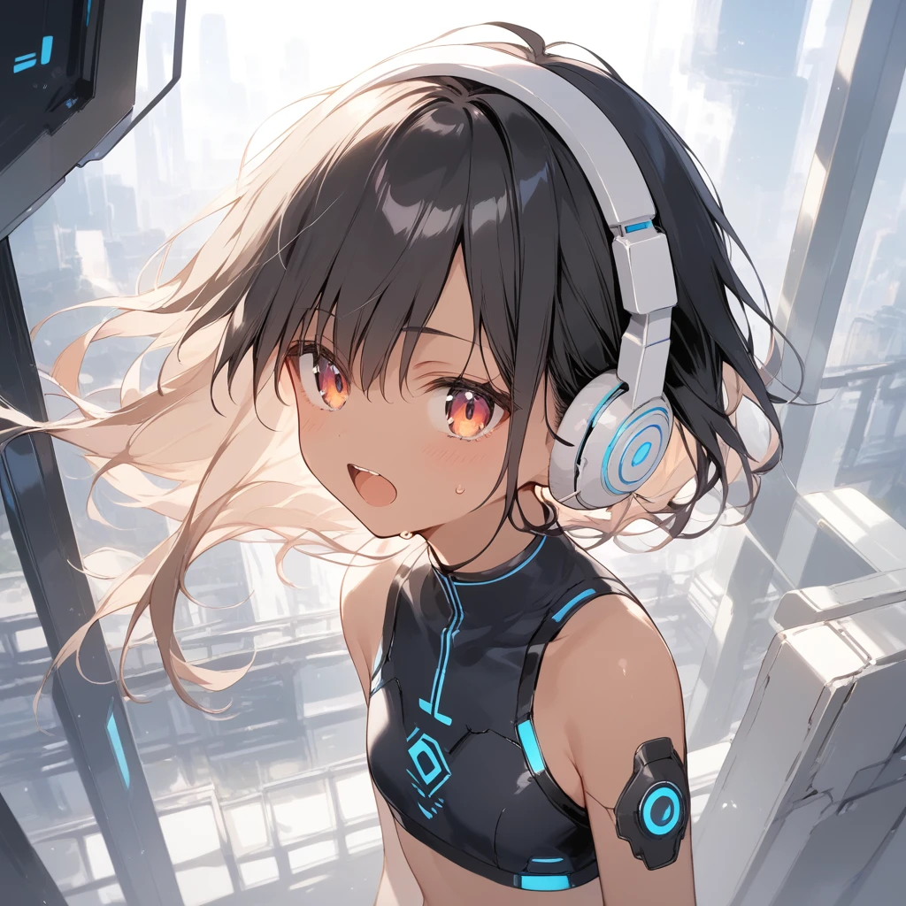 score_9, score_8_up, score_7_up, source_anime, best quality, masterpiece, official art, absurdres, highres, ultra-detailed,waifu2x,Collection: Slice of Life,break,1girl, cyborg girl, briliant azure eyes, 16yo, crop top cyborg armor, futuristic headset, futuristic tech, mindcontrol device installed on head, yes covered with tech, tomboy, tanned-skinned female, short hair, low ponytail, flat chest, beautiful detailed eyes, sweat, open mouth, (yawn:0.3), sleepily, standing, futuristic city, wind, break, from bellow, ((half body image))((show belly)), ((show upper legs)) (clear line illustration:1.2),very high resolution, very aesthetic, super detailed skin, Best sexual lighting powered by famous artist, 8k,cute picture,beauty illustration,photoshop_(medium),,(Detailed Lighting),best anime 8k konachan wallpaper, pixiv contest winner,
