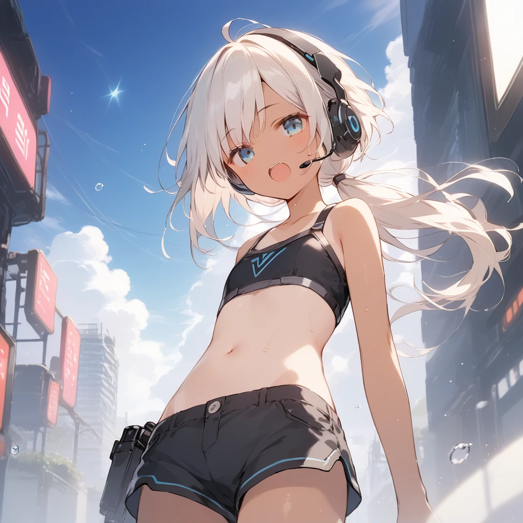 score_9, score_8_up, score_7_up, source_anime, best quality, masterpiece, official art, absurdres, highres, ultra-detailed,waifu2x,Collection: Slice of Life,break,1girl, cyborg girl, briliant azure eyes, 16yo, crop top cyborg armor, futuristic headset, futuristic tech, mindcontrol device installed on head, yes covered with tech, tomboy, tanned-skinned female, short hair, low ponytail, flat chest, beautiful detailed eyes, sweat, open mouth, (yawn:0.3), sleepily, standing, futuristic city, wind, break, from bellow, ((half body image))((show belly)), ((show upper legs)) (clear line illustration:1.2),very high resolution, very aesthetic, super detailed skin, Best sexual lighting powered by famous artist, 8k,cute picture,beauty illustration,photoshop_(medium),,(Detailed Lighting),best anime 8k konachan wallpaper, pixiv contest winner,