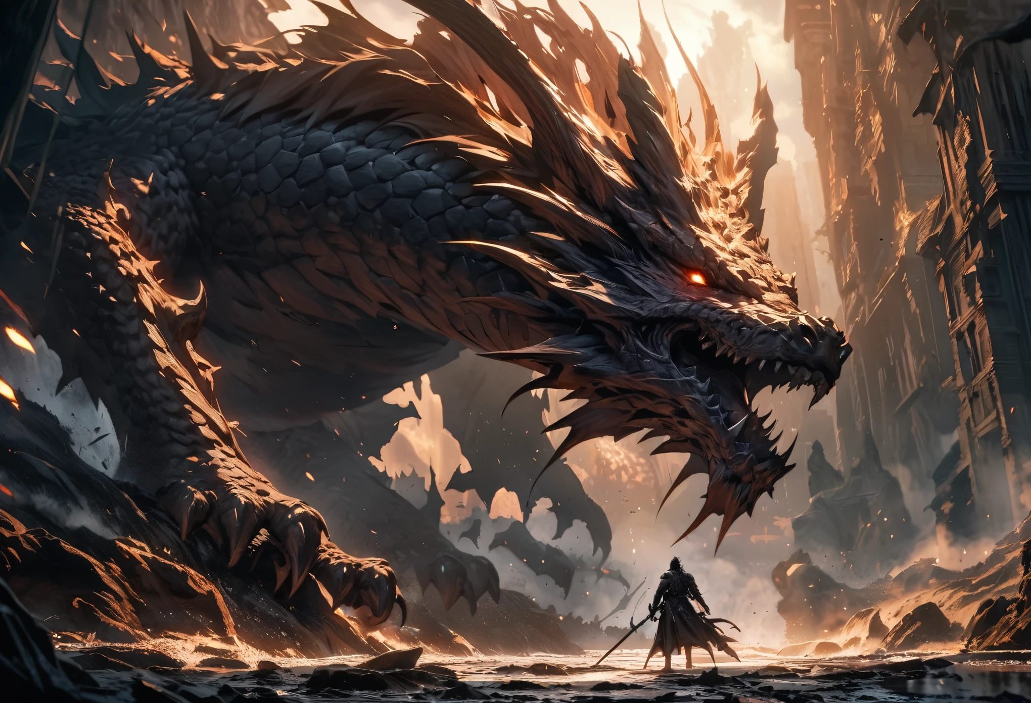 absurdres, highres, ultra detailed, HDR, masterpiece, extremely detailed face and eyes, dragon, mythical, legend, shiny, disaster, cinematic, dramatic, epic scale, dark fantasy, fantasy art, cinematic lighting, volumetric lighting, intricate details, dramatic angles, moody colors, deep shadows, gritty, powerful presence, majestic, awe-inspiring, intense atmosphere, grandiose, incredible detail
