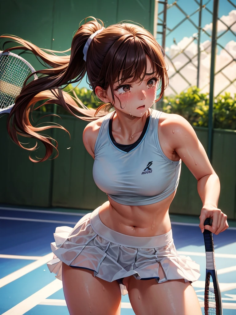 Highest quality,Highest Resolution,Beautiful girl playing tennis,Brown hair ponytail,sweat profusely,Crying face,Drink,Tennis court,sunny,See-through underwear,