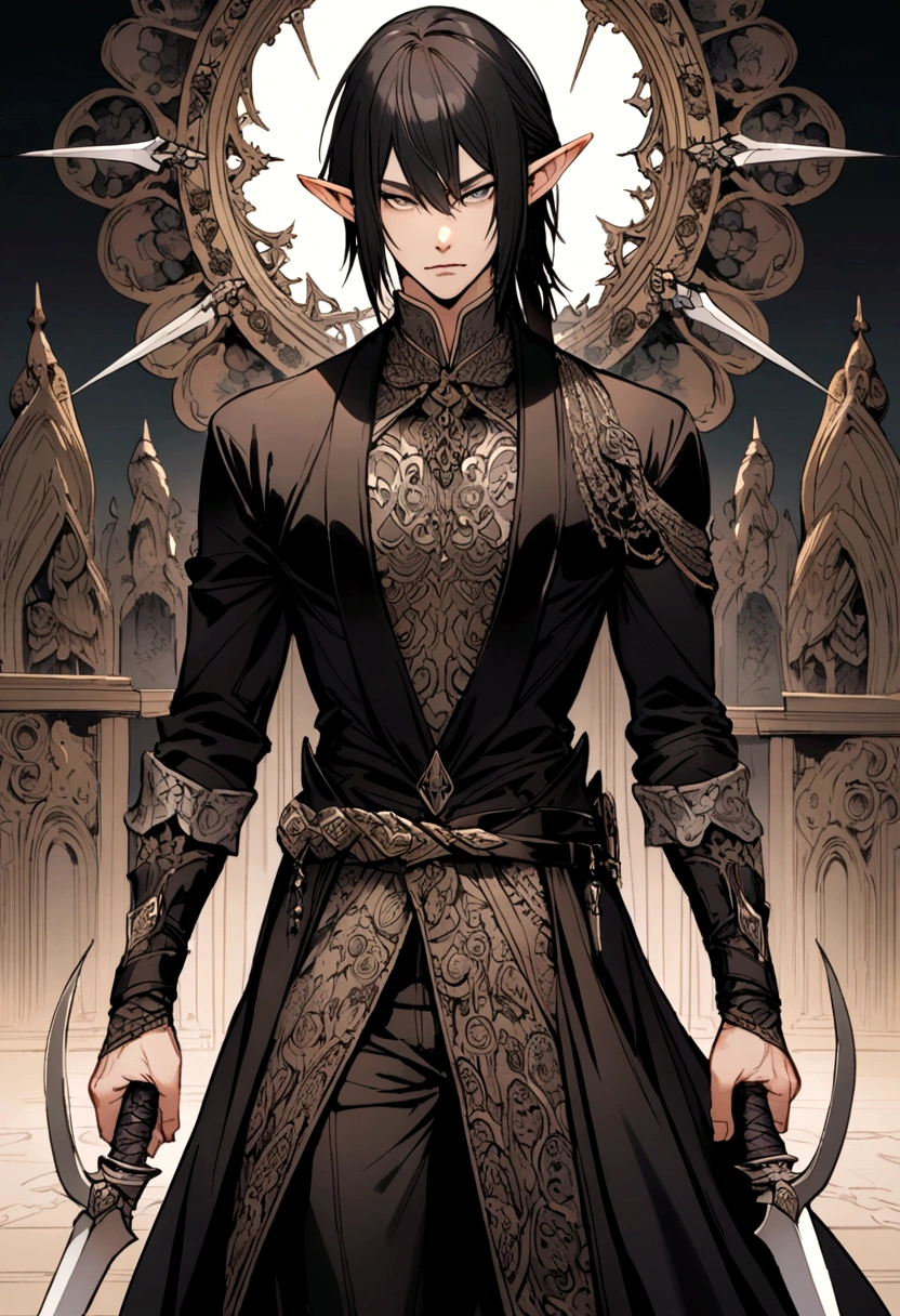 a half-elf assassin with two daggers in his hand wearing dark clothes MAN