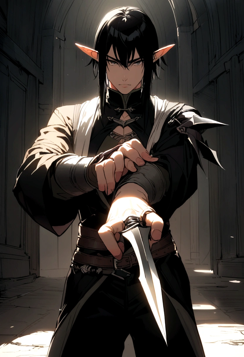 a half-elf assassin with two daggers in his hand wearing dark clothes MAN