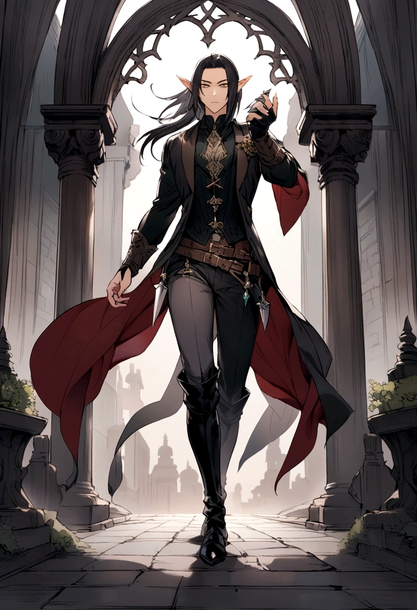 a half-elf assassin with two daggers in his hand wearing dark clothes MAN