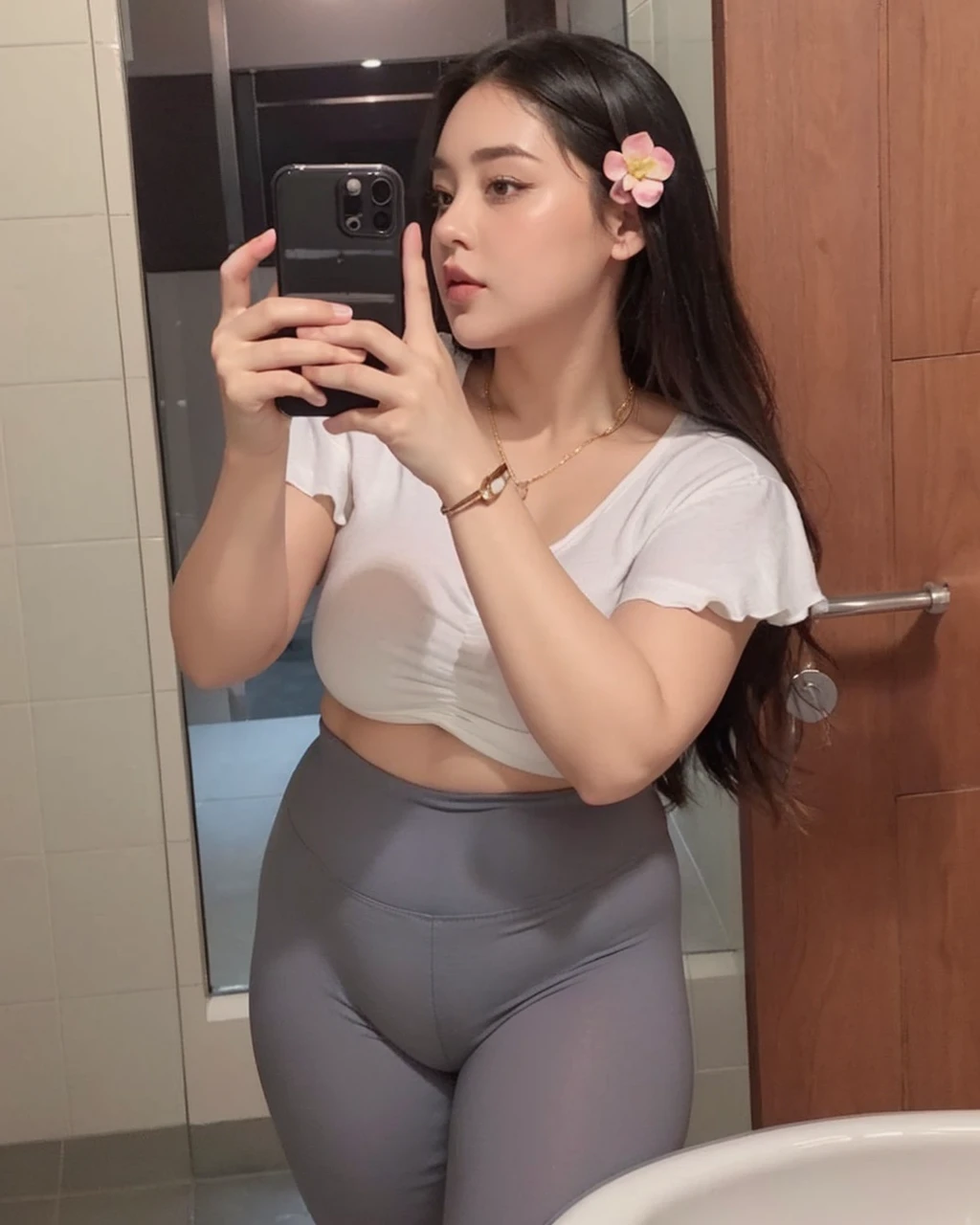there is a woman taking a selfie in a bathroom mirror, thicc, skinny waist and thick hips, tight outfit, bbwchan, tight attire, in shorts, wearing tight simple clothes, cottagecore!! fitness body, profile image, she has a jiggly fat round belly, fit pic, thick thighs, 2 4 year old female model