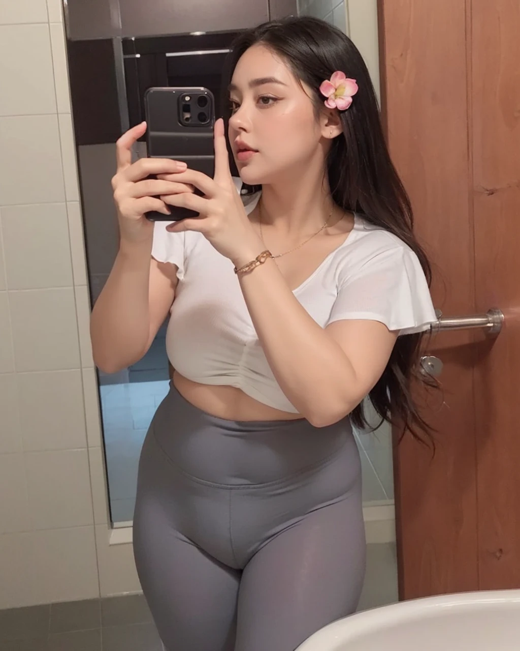 there is a woman taking a selfie in a bathroom mirror, thicc, skinny waist and thick hips, tight outfit, bbwchan, tight attire, in shorts, wearing tight simple clothes, cottagecore!! fitness body, profile image, she has a jiggly fat round belly, fit pic, thick thighs, 2 4 year old female model