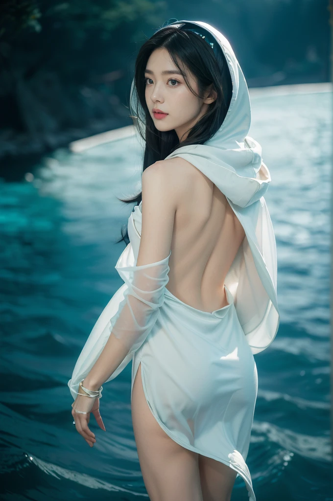 (((best quality))),(((ultra detailed))),(((masterpiece))),illustration,(1 beautiful girl,shark girl,solo),((slim,thin)),((bare back,towering hips,butt crack)),aquarium,summer night,(sleek sharkhead-hooded shirt-dress:1.3),shimmering hues,enchanting aura,(shoulder length straight bob hair:1.2),ocean-blue locks,shiny seaweed,porcelain skin,neon lights,emerald eyes,sharp gaze,delicate shark fin,translucent membrane,dancing fish,vibrant colors,undulating water,salty scent,distant waves,coral reef,gentle shadows,serene ambiance,electric atmosphere,Alezandra,oceanic magic,allure,enchantment,vision,extraordinary presence,((from back,upper body))