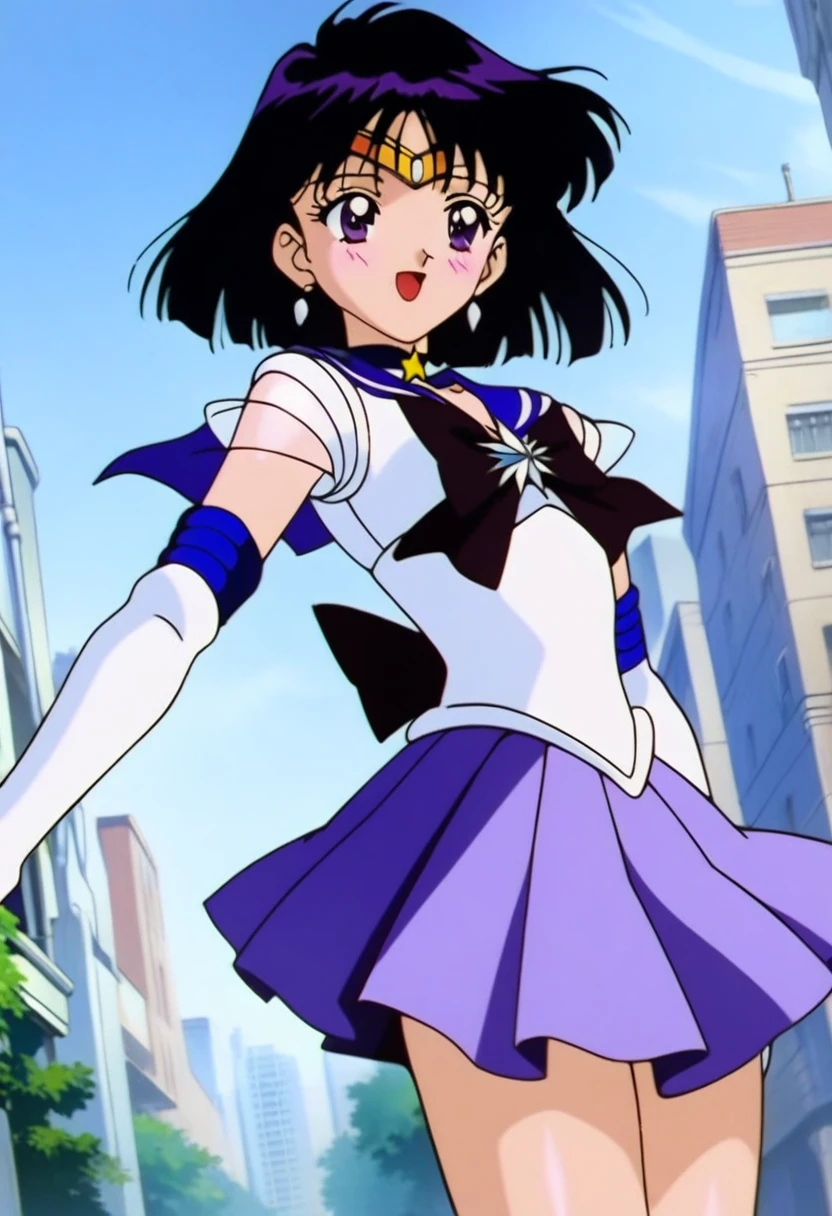 masterpiece, best quality, very aesthetic, absurdres, Sailor Saturn XL, 1990s \(style\), anime artwork, anime style, perfect face, perfect composition, moist skin, intricate details, beautiful detailed eyes, BREAK 1girl, solo, teen, short hair, black hair, purple eyes, flat chest, skinny, sailor senshi uniform, purple sailor collar, tiara, earrings, jewelry, star choker, bowtie, back bow, star brooch, white elbow gloves, purple miniskirt, shiny clothes, BREAK looking away, smile, blush, open mouth, cameltoe, pose, white leotard, (pantyshot:1.2), wind lift, outdoors, city, blue sky, wind, from below, dutch angle,