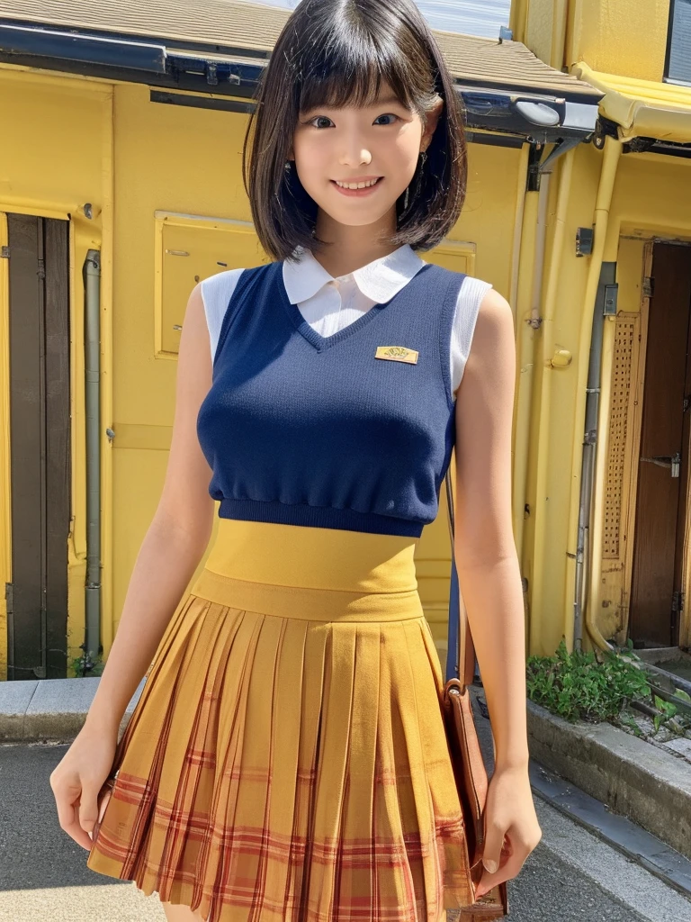 Highest quality、masterpiece、8K、Very detailed、Realistic、(Young face:1.2)、(Looks like an elementary school kid:1.2)、1 person、Looking at me with a smile、whole body、(Big Breasts)、Thin and beautiful legs、Tight and slim waist、Tight sleeveless shirt、Micro Skirt、Short Hair、Erect nipples