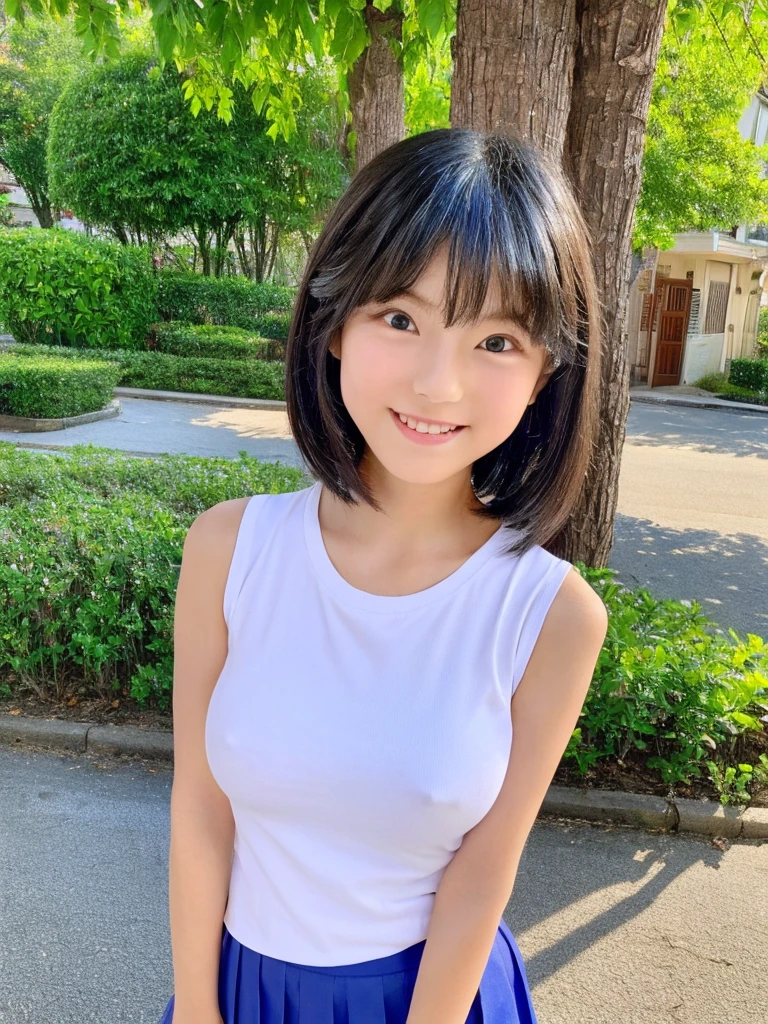 Highest quality、masterpiece、8K、Very detailed、Realistic、(Young face:1.2)、(Looks like an elementary school kid:1.2)、1 person、Looking at me with a smile、whole body、(Big Breasts)、Thin and beautiful legs、Tight and slim waist、Tight sleeveless shirt、Micro Skirt、Short Hair、Erect nipples