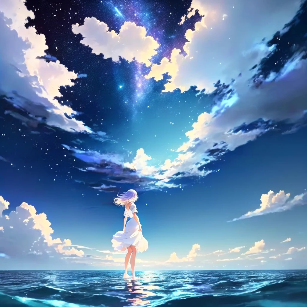 anime, A girl in a white dress floats in the water, Makoto Shinkai Cyril Rolland, anime girl walking on water, anime movie background, beautiful anime scene, today's featured anime still, anime film still, screenshot from the anime film, anime still film anime shikishi, star(null) starry_null