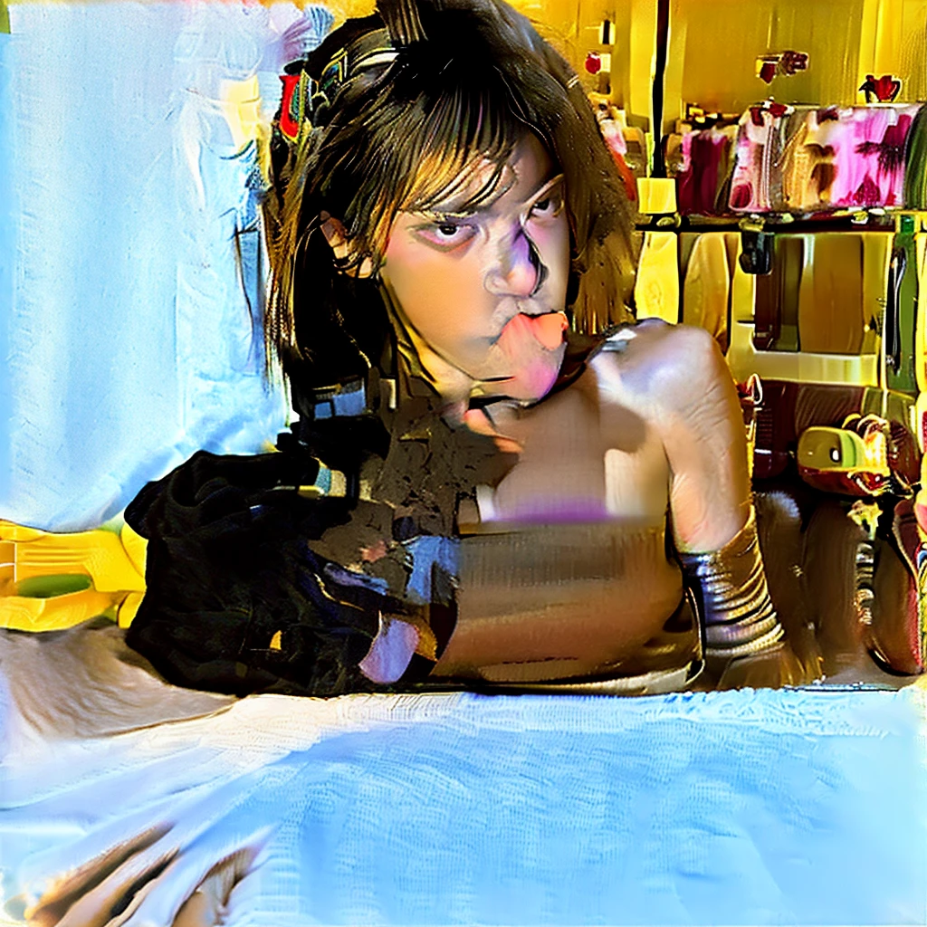 Woman, age 55 years,  in bed, with your hand on your , chubby body ,  with a tongue full of  