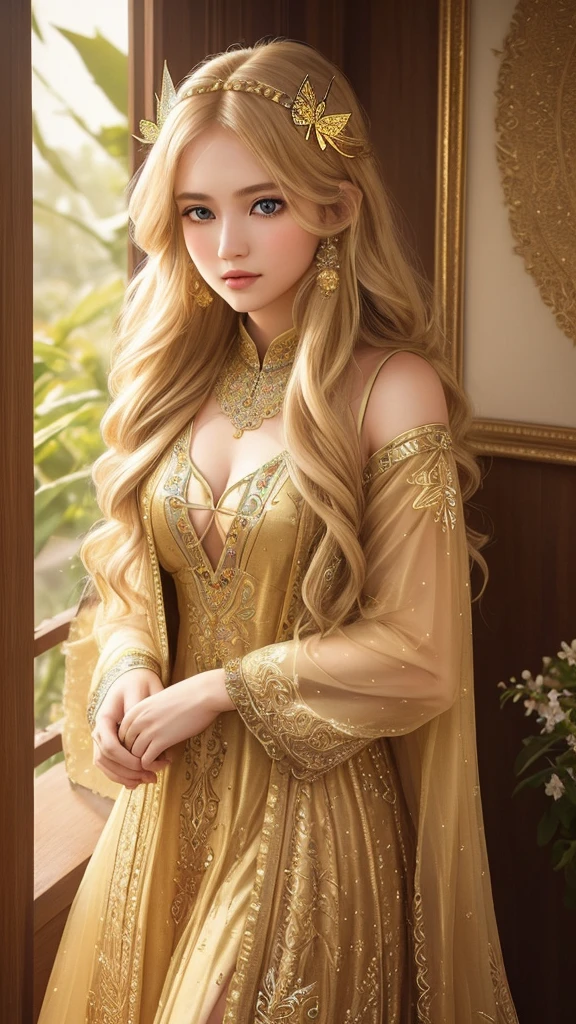 teenage girl, long blonde hair, beautiful face, Wearing a gold chatri dress, popular on pinterest with butterfly embroidery. Inspired by Wendy Frowd, very beautiful photos. Bohemian fashion, warrior queen, beautiful long brown hair., fit, sexy, 3d, 30k, HDR, Exquisite clothing details, Highly detailed, perfect light, movie light