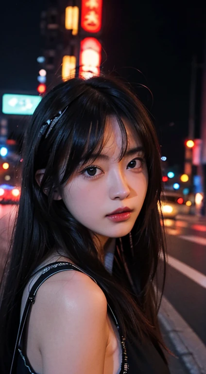 1 girl, tokyo road,nighttime, city scenery,city lights, upper body,close up, 8K, raw image, best quality, Masterpiece,realistic, photo-realistic,