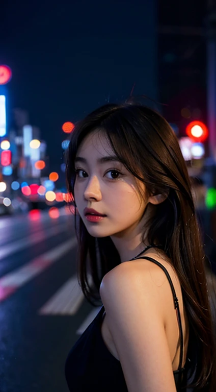 1 girl, tokyo road,nighttime, city scenery,city lights, upper body,close up, 8K, raw image, best quality, Masterpiece,realistic, photo-realistic,