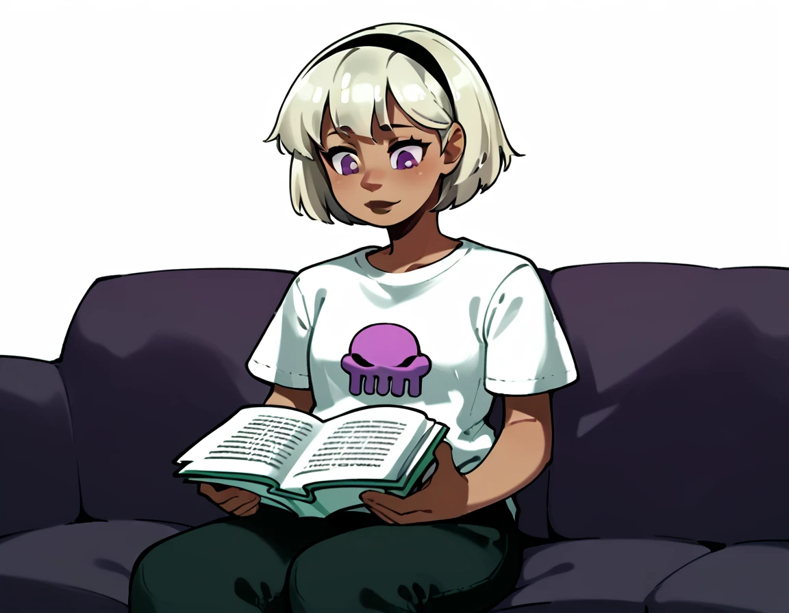 score_9, score_8_up, score_7_up, score_6_up, score_5_up, score_4_up, simple artsyle, source_anime, 1girl, rolalstart, white shirt, t-shirt, shirt symbol, short hair, bob cut, platinum blonde hair, hairband, dark brown skin, purple eyes, sitting on couch, reading, monochrome background