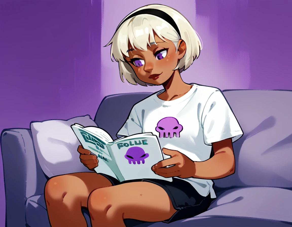 score_9, score_8_up, score_7_up, score_6_up, score_5_up, score_4_up, simple artsyle, source_anime, 1girl, rolalstart, white shirt, t-shirt, shirt symbol, short hair, bob cut, platinum blonde hair, hairband, dark brown skin, purple eyes, sitting on couch, reading, monochrome background