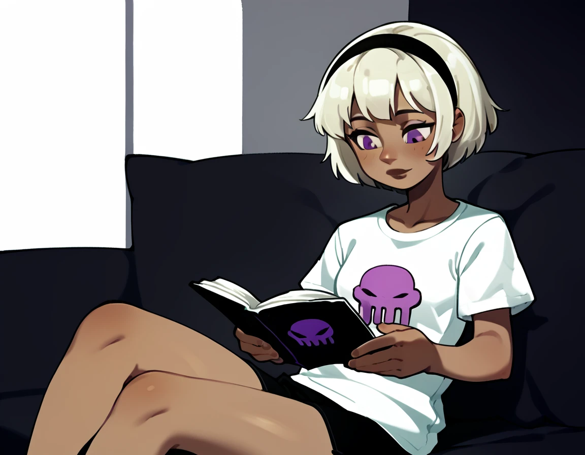 score_9, score_8_up, score_7_up, score_6_up, score_5_up, score_4_up, simple artsyle, source_anime, 1girl, rolalstart, white shirt, t-shirt, shirt symbol, short hair, bob cut, platinum blonde hair, hairband, dark brown skin, purple eyes, sitting on couch, reading, monochrome background