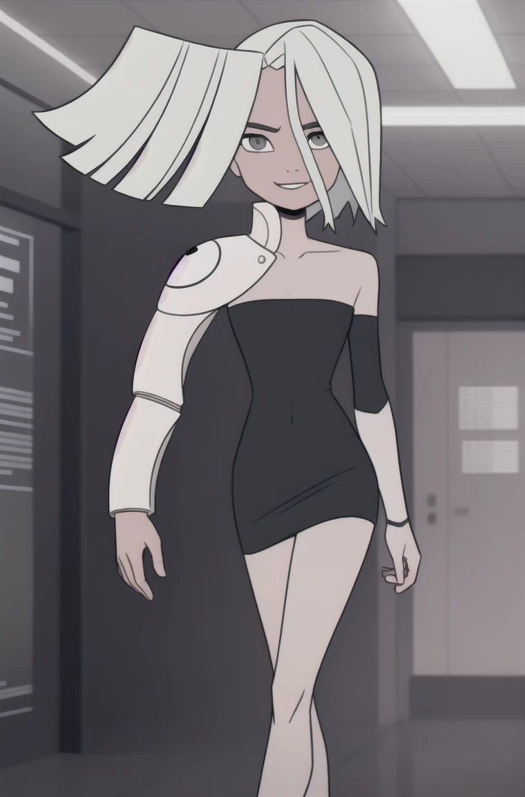 (dark theme:0.6), Glucose, 1 woman, mature and rough face, wrinkles on the face, Aging face, cheekbones на лице, cheekbones, old age Alone, короткие White hair, sexuality, black strapless bodycon dress, black dress figure of a top model, sexy long legs, high growth, Height 1,75 m costs, Sun, wound, in the apartment, walks through the club, smile flowers 1.2), White hair, hairstyle in babershop style, pomade, decrease,  I look at the viewer, grey eyes, sharp image, crop top, (HDR:1.22), Clear drawing, muted colors, Complex background, hyper-detailed, art [[Jordan Grimmer]], 