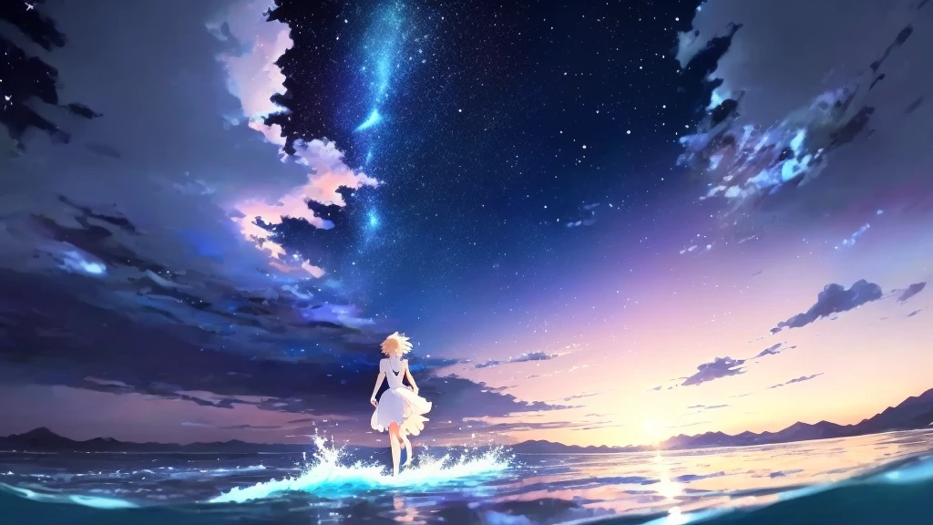 anime, A girl in a white dress floats in the water, Makoto Shinkai Cyril Rolland, anime girl walking on water, anime movie background, beautiful anime scene, today's featured anime still, anime film still, screenshot from the anime film, anime still film anime shikishi, star(null) starry_null