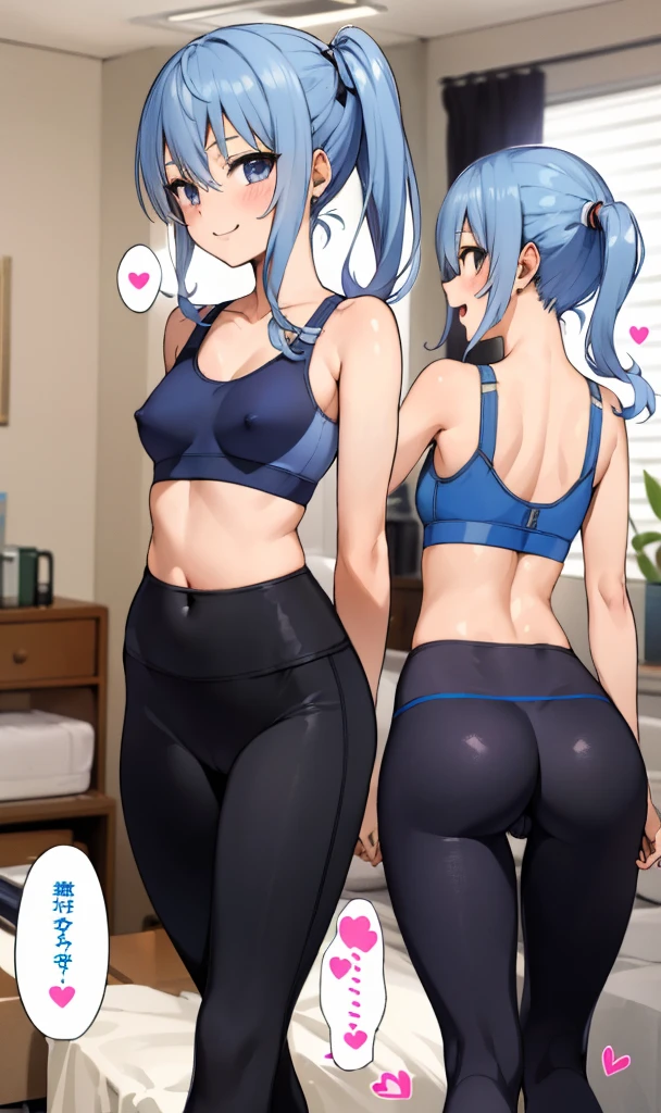 1girl, solo, detailed face, , , long hair,,,my room,looking viewer,side ponytail,small breasts,smile,(((sports bra,leggings))),(ass,from behind),(nsfw),(spoken heart)