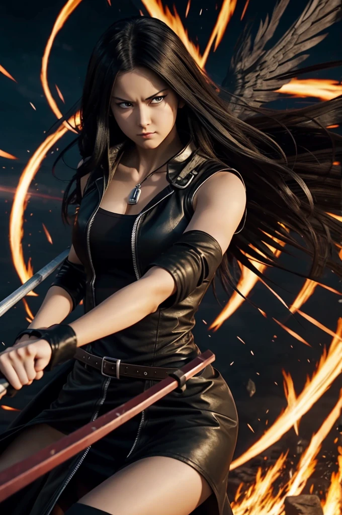 Screenshot of One Punch Man. A girl with black wings, long brown hair and short black dress with a scythe while fighting with garou 