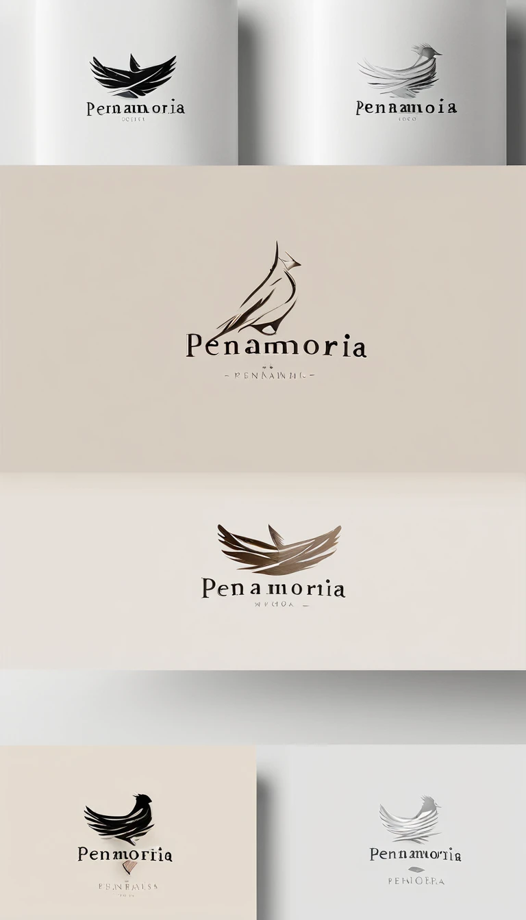 A minimal, modern, simple, cinematic logo design for the brand “Penamemoria". Create a modern, minimalistic, high-quality, logo of a feather-bird