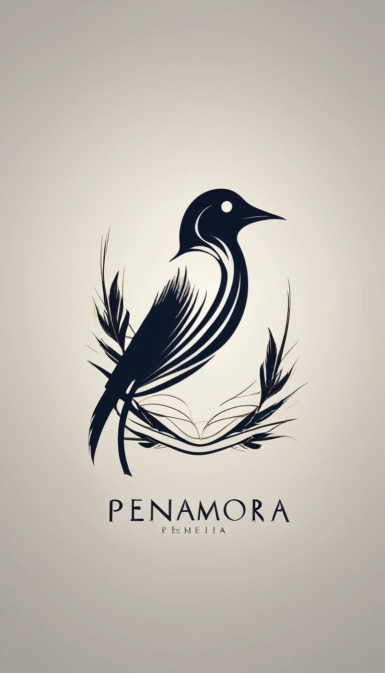A minimal, modern, simple, cinematic logo design for the brand “Penamemoria". Create a modern, minimalistic, high-quality, logo of a feather-bird