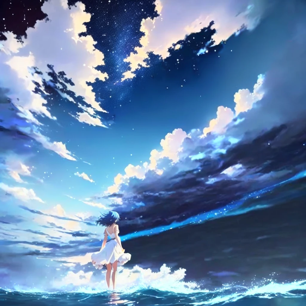 anime, A girl in a white dress floats in the water, Makoto Shinkai Cyril Rolland, anime girl walking on water, anime movie background, beautiful anime scene, today's featured anime still, anime film still, screenshot from the anime film, anime still film anime shikishi, star(null) starry_null