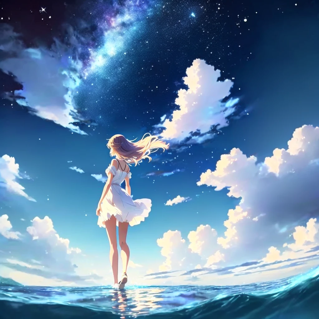 anime, A girl in a white dress floats in the water, Makoto Shinkai Cyril Rolland, anime girl walking on water, anime movie background, beautiful anime scene, today's featured anime still, anime film still, screenshot from the anime film, anime still film anime shikishi, star(null) starry_null