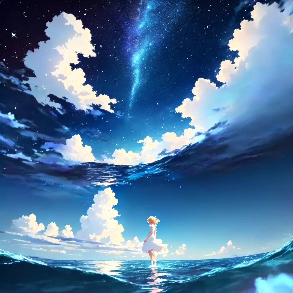 anime, A girl in a white dress floats in the water, Makoto Shinkai Cyril Rolland, anime girl walking on water, anime movie background, beautiful anime scene, today's featured anime still, anime film still, screenshot from the anime film, anime still film anime shikishi, star(null) starry_null